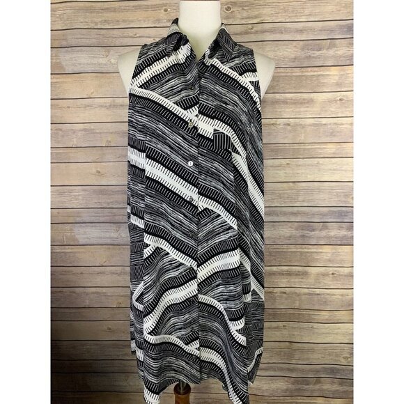 Alfani Size 8 Button Front Shirt Dress Black White Sleeveless Stripe - Picture 1 of 9